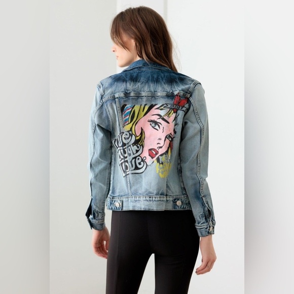 Face Graffiti Print Acid Wash Denim Jacket-NWT - Picture 3 of 9